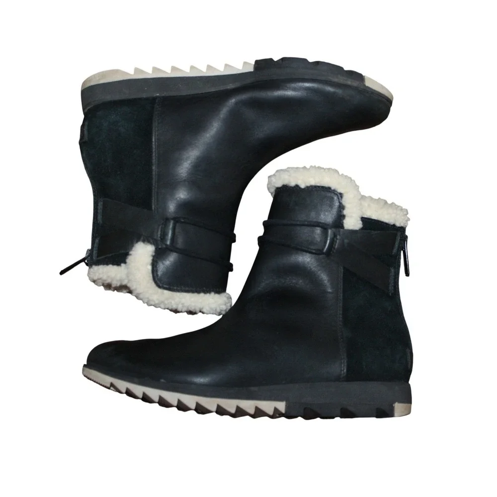 Sorel Harlow Bootie Cozy Waterproof Leather Shearling Collar‎ Black Womens 8